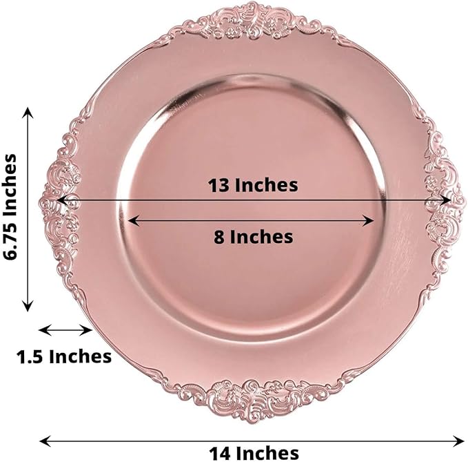 13" Charger Plates -Set of 24 - Acrylic Rose Gold Round Baroque Disposable Chargers Leaf Embossed Rim, Ideal for Dinner Party Wedding Bulk Events