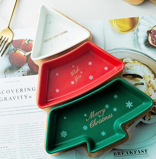 Colorful 11.6 Inches Big Snack Appetizer Trays Sets, Decorative Christmas Tree Dessert Serving Dishes, Snack Platter, 3 pcs Removable Porcelain Plates with Bamboo Tree Tray Xmas Gifts