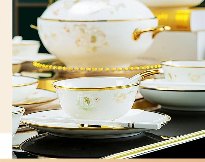 White Porcelain Tableware Set, 58 Pieces Of Bone China Bowls And Plates, High Temperature Fired Healthy Tableware, 24k Gold Decorative Tableware, Heat-resistant High-density Porcelain