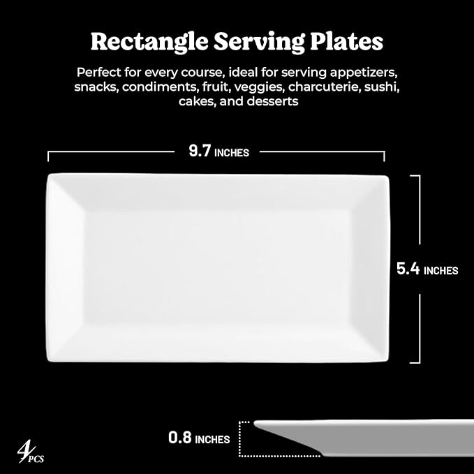 9.7" Rectangle Serving Plates, Ideal for Serving Your Favorite Platter Sized Perfectly for Appetizer, Sushi, Tapas, Taco, Dessert Platters, Raised Lip White Porcelain Tray - Set of 4