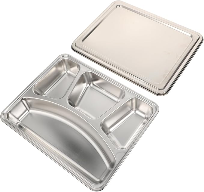 Stainless Steel Deep Compartment Lunch Tray Lid Sturdy Food Divided Plate for Students for School Lunches and Meal Prep
