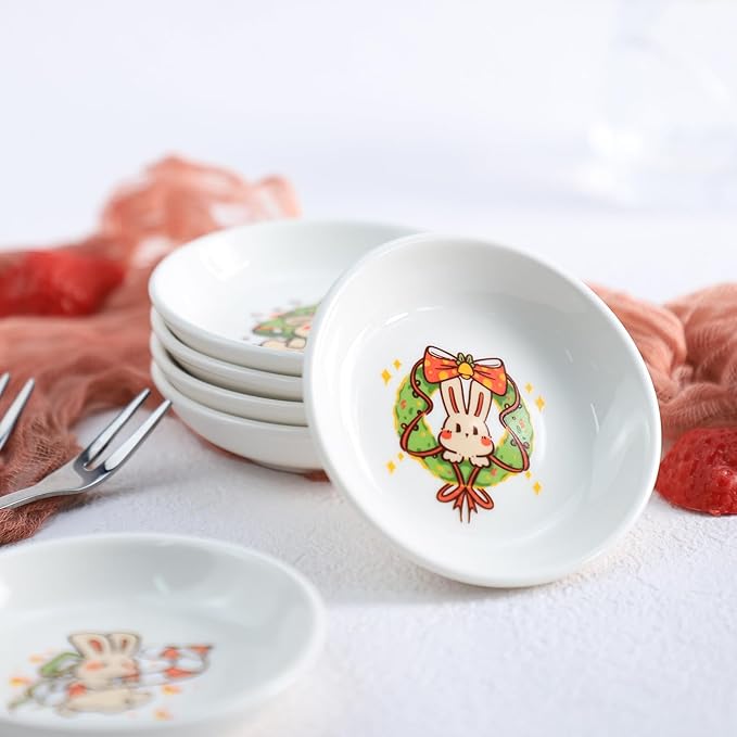 SOCOSY Cute Cartoon Christmas Rabbits Ceramic Sauce Dishes, Seasoning Dishes, Little Cat Dog Bird Feeding Bowls, Sushi Soy Dipping Bowls, Appetizer Plates, Dessert Plates-Rabbits-3.5 Inch, Set of 6
