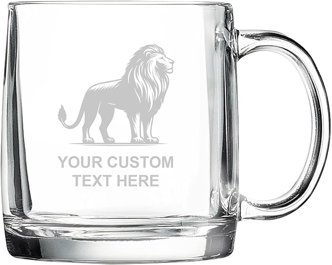 Lion, Personalized 12.5 oz Polar Camel Glass Coffee Desk Mug – Custom Laser Engraved Clear Cup for Tea, Espresso, Latte, Whiskey - Microwave Safe/Made in USA