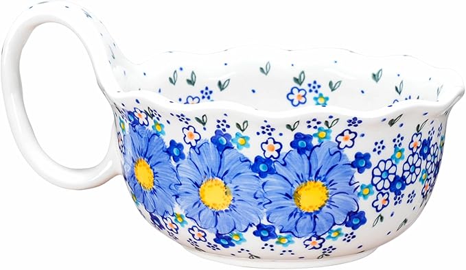 silesia Handmade Ceramic Soup Bowl, 30 oz Hand Painted Bowl with Loop Handle, Floral Design Cereal Bowl for Soup, Ice cream, Snack, Microwave & Dishwasher Safe (Forget Me Not)