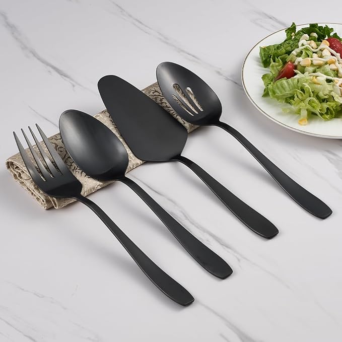 Matte Black Serving Set, 4-Piece Stainless Steel Large Hostess Set Include Slotted Spoon Serving Spoon Serving Fork and Cake Server, Ideal for Buffets, Home, Gatherings, Restaurant