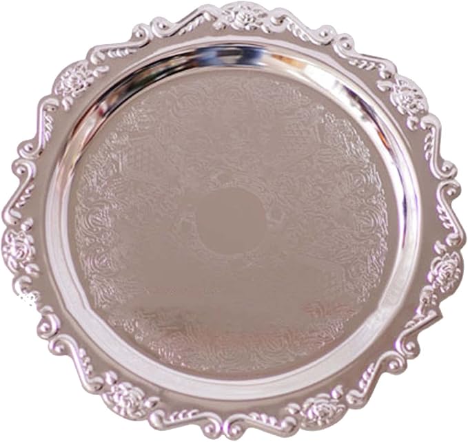 Round Fruit Plate, Metal Food Serving Tray Vintage Round Fruits Serving Platter Plates, Fruit Tray Dessert Cake Decorative Disk for Cakes, Desserts, and Baked Goods Wedding Holiday Party(Silver)
