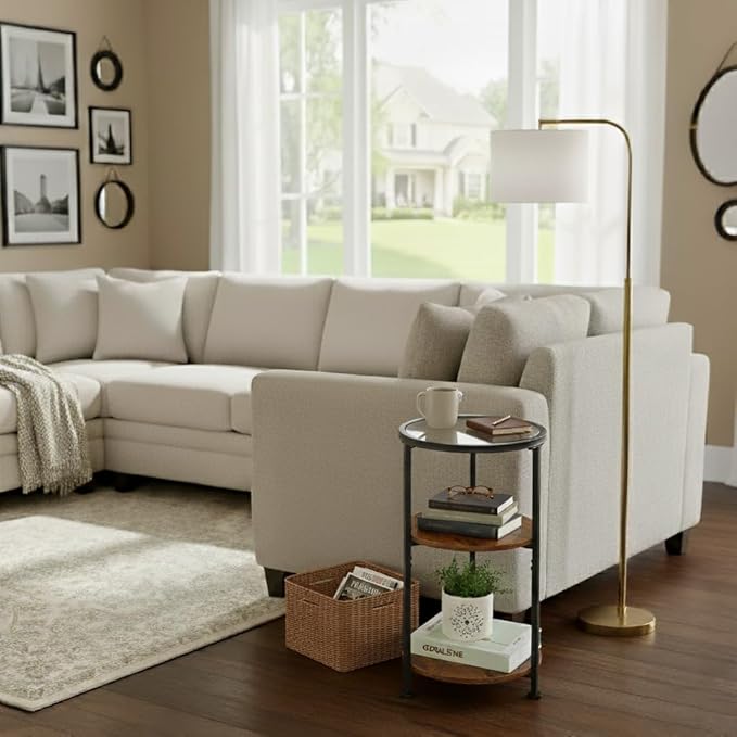 Glass Side Table, Tempered Glass Small Round Side Table with 3-Tier Storage Shelves for Small Spaces, Modern Glass Round End Table for Living Room, Bedside Nightstand for Bedroom(Rustic Brown)