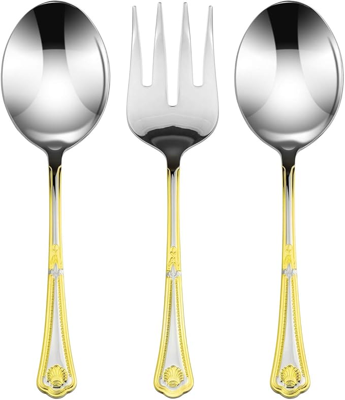 Venezia Collection 75-Piece Fine Flatware Set, Silverware Cutlery Dining Service for 12, Premium 18/10 Surgical Stainless Steel, 24K Gold-Plated (gold sets only) Hostess Serving Set (Seashell)