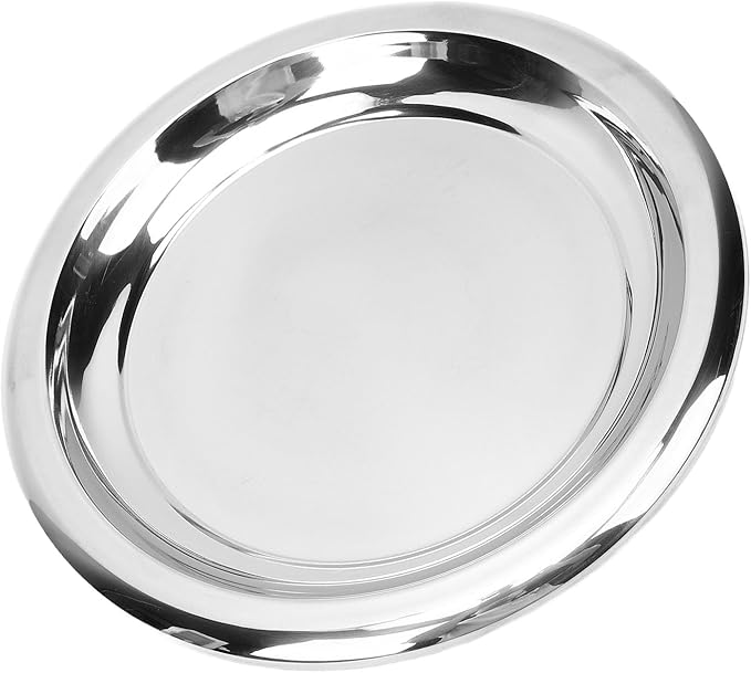 GOWENIC Stainless Steel Decorative Tray, Round Silver Serving Trays, Circular Metal Platter, Cocktail Serving Bar Tray, Decorative Metal Display for Coffee Table, Bar, Party, (L)