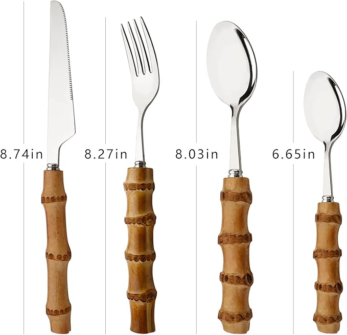 40 Pcs Bamboo Handle Cutlery Sets, Natural Bamboo Flatware Set for 10, Silver Stainless Steel Silverware Set for Home Party Restaurant, Handcrafted Eating Utensils, Include Knife Fork Spoon