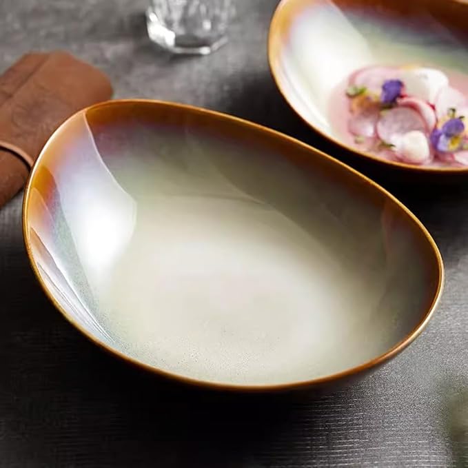 SONGCHAO Party Supplies Creative Kiln Color Changing Plate Home Oval Dish Plate Ceramic Deep Soup Plate Salad Plate Restaurant Plate Party Plates (Color : 8.8inch)