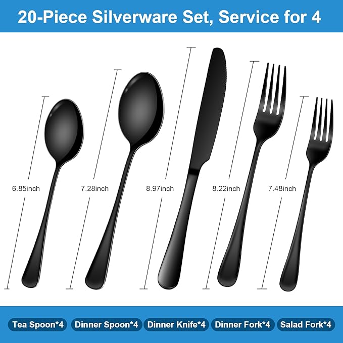 20-Piece Black Silverware Set, Premium 18/0 Stainless Steel Flatware Set for 4, Food-Grade Cutlery Utensils Set, Mirror Polished Tableware, Includes Knives, Forks, and Spoons, All Dishwasher Safe