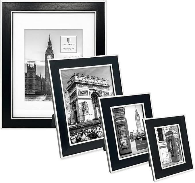 Isaac Jacobs 8x10 Black w/White (Vertical & Horizontal) Double Border Picture Frame w/Black Fabric Easel, Wall-Mountable, Made for Tabletop & Gallery, Home or Office (8x10, Black W/White)