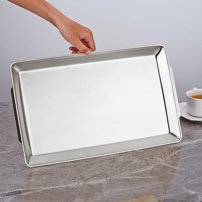 15.8" x 9.5" Large Serving Platters Set of 2, Stainless Steel Heavy-Duty Large Serving Trays, Silver Rectangular Plates for Food, Fruit, Party, Wedding, Christmas, Chip and Scratch Resistant