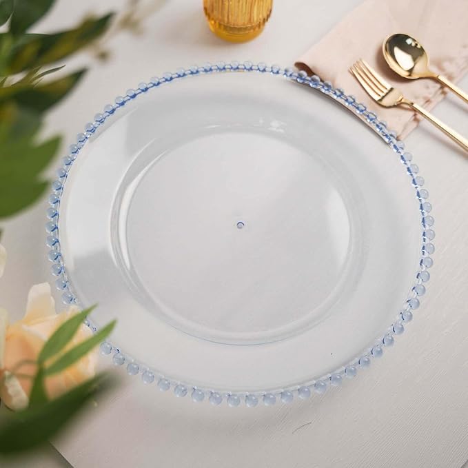 13" Charger Plates - Set of 12 - Blue Round Acrylic Disposable Chargers with Beaded Rim, Ideal for Dinner Party Wedding Bulk Events