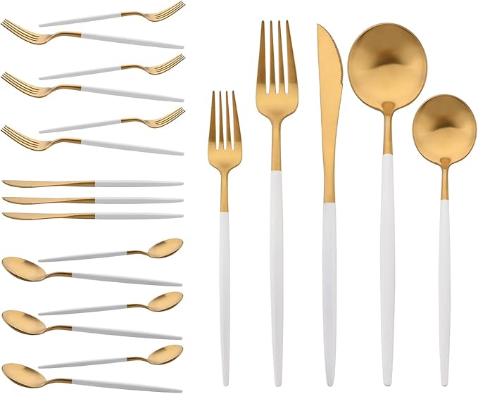 Flatware Set 18/10 Stainless Steel Matte White Handle Gold - Kitchen Utensil Serving Set of Dinner Fork Knife Spoons Salad Fork Dessert Spoon,20 Piece, Service for 4 (White + Gold)