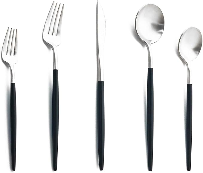 Matte Silverware Set, 10-Piece 18/10 Stainless Steel Satin Finish Flatware Set Service for 2, Kitchen Utensil Set, Tableware Cutlery Set for Home Restaurant (Black Handle Silver, 10-Piece)