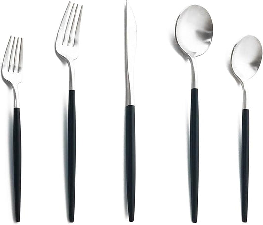 Matte Silverware Set, 10-Piece 18/10 Stainless Steel Satin Finish Flatware Set Service for 2, Kitchen Utensil Set, Tableware Cutlery Set for Home Restaurant (Black Handle Silver, 10-Piece)