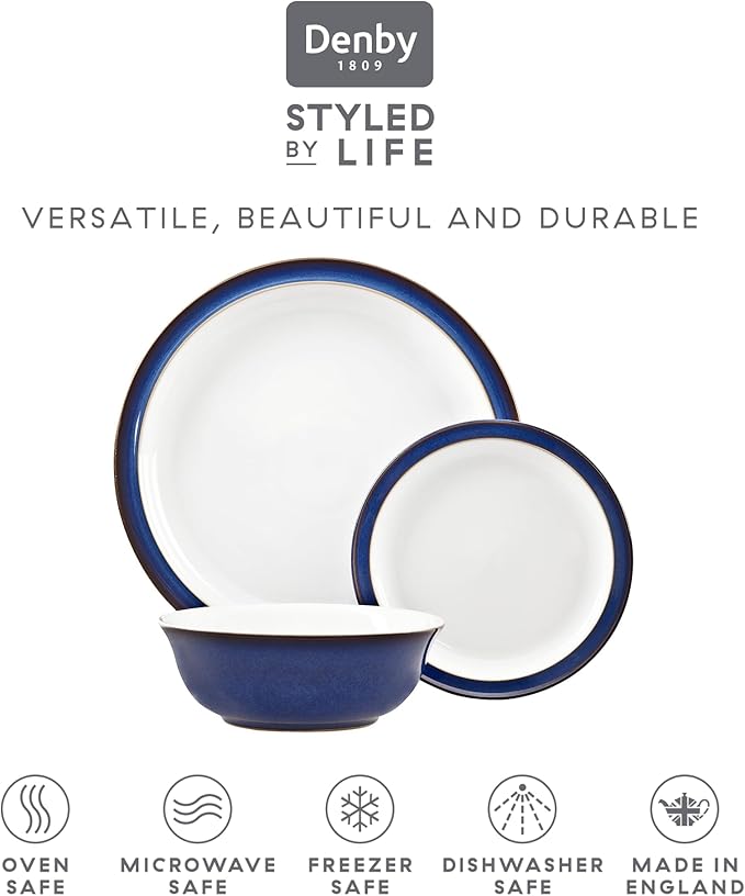 Denby - Imperial Blue Dinner Set for 4-12 Piece Ceramic Tableware Set Blue, White - Dishwasher Microwave Safe Crockery Set - 4 x Dinner Plate, 4 x Small Plate, 4 x Cereal Bowl