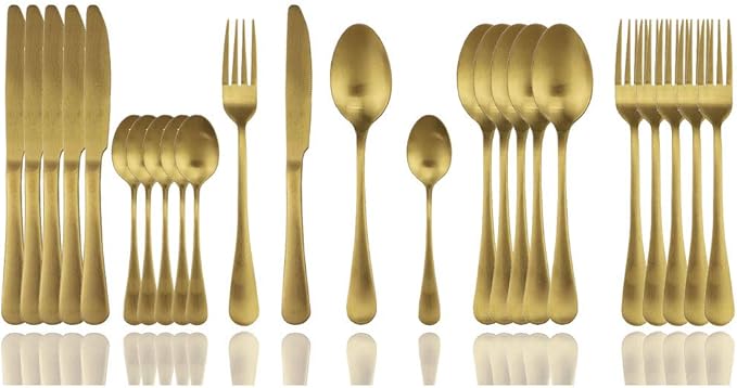 JASHII Matte Gold Silverware Set, 24-Piece Stainless Steel Flatware Set, Kitchen Utensil Set Service for 6, Tableware Cutlery Set for Home and Restaurant, Dishwasher Safe (Gold full)