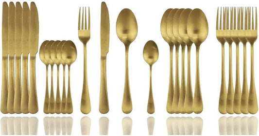 JASHII Matte Gold Silverware Set, 24-Piece Stainless Steel Flatware Set, Kitchen Utensil Set Service for 6, Tableware Cutlery Set for Home and Restaurant, Dishwasher Safe (Gold full)