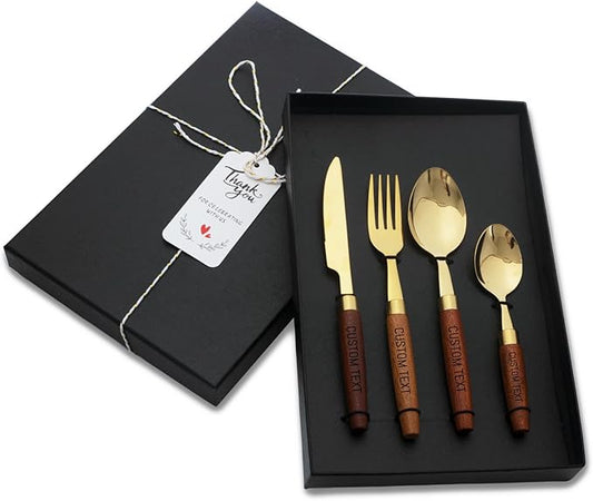 Custom Silverware Set, Personalized Engraved Text Stainless Steel Cutlery with Beech Wood Handle - Dinner Knife, Dinner Fork,Dinner Spoon, Dessert Spoon Set of 4 for Home and Restaurant, Flatware Set