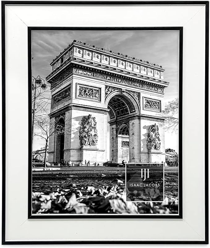 Isaac Jacobs 8x10 White w/Black (Vertical & Horizontal) Double Border Picture Frame w/Black Fabric Easel, Wall-Mountable, Made for Tabletop & Gallery, Home or Office (8x10, White W/Black)