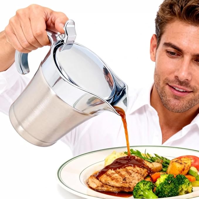 Stainless Steel Gravy Boat with Lid – 450ml Double Wall Insulated Sauce Jug for Gravy, Cream & Custard, Drip-Free Pour Spout for Thanksgiving, Home or Restaurant Use (Silvery)