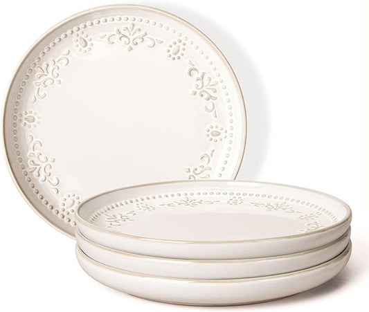 Artena Salad Plates Set Of 4, 8.5 Inch Embossed Appetizer Plates, Ceramic Small Dinner Dessert Plate, With Lipped Edges for Kitchen Microwave Oven Dishwasher Safe (Damask Floral)