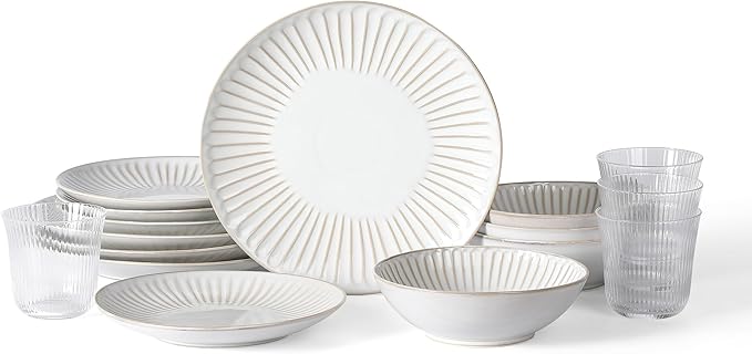 Stone Lain Linea 32-Piece Dinnerware Set Stoneware, Soda Lime Glass, White