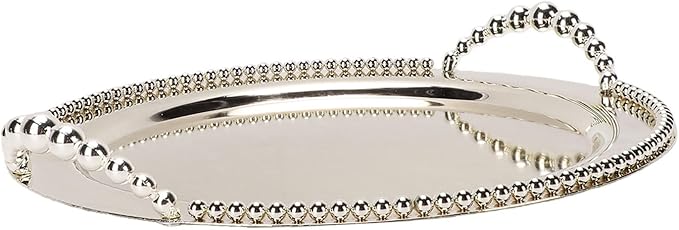Bewinner Round Metal Serving Tray with Handles 31.5cm, Silver Stackable Platter for Fruits Desserts Snacks, Indoor Outdoor Use for Kitchen Living Room BBQ Party Decor