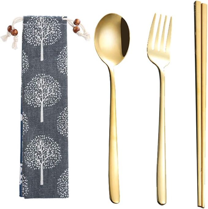 3pcs/6pcs Set Cutlery Dinnerware 304 Stainless Steel Flatware Set Tableware Dinner Spoon Fork Chopsticks Sucker Flatware Serving Sets (Gold - 3pcs)