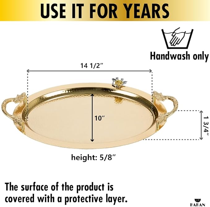Ornamental Big Oval Gold Serving Tray with Leaf Handles, Anti Tarnish Serving Tray, Hammered Design Service Tray, Large, 19.6" x 13", Gold, Silver (Gold)
