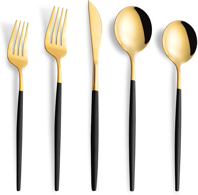 20 Piece Black Gold Silverware Set,Stainless Steel Flatware Cutlery Set Service for 4 Including Forks Spoons Knives,Utensil Set,Tableware for Home and Restaurant, Dishwasher Safe