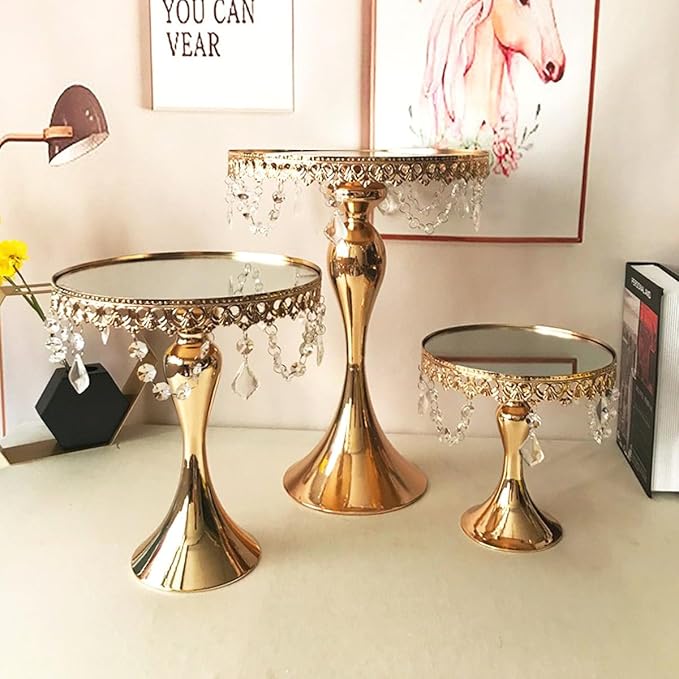 8 Inches 20 cm Gold Round Mirror Cake Stand Cupcake Stands Metal Pedestal Holder with Crystals, Party Dessert Cheese Display Plate for Wedding Party Birthday Baby Shower Celebration Home Decors