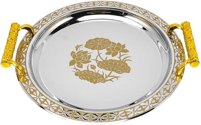 Zerodeko Stainless Steel Tea Tray Tea Serving Platter with Handles European Serving Tray Round Dinner Plate Retro Fruit Tray for Food Fruit Coffee Tea Golden, 33.5X33.5CM