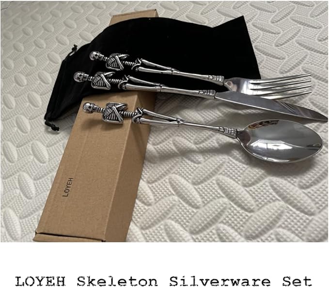 Skeleton Skull Silverware Set, LOYEH Stainless Steel Spoon Fork and Knife Flatware Tableware Design Modern Look Great Gifts For Halloween Easter and Christmas (SKULL - 3 IN ONE)