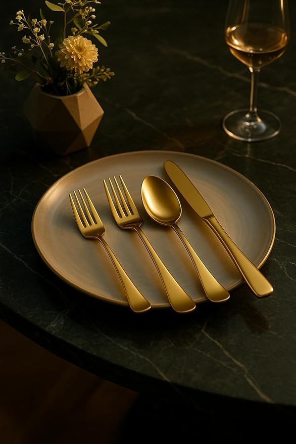 Roberts & Belk 45-Piece Camden Gold Silverware Set – Flatware for 8 – High Mirror Stainless Steel Utensils with Knives, Forks & Spoons