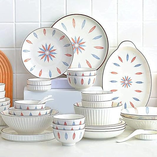 Kitchen tableware set,Ceramics Dinnerware Set, 32 Pcs Retro White Underglaze Color Dinner Set, Plates and Bowls Set with Leaf Pattern for Restaurant Family Gathering