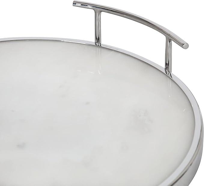 Kate and Laurel Marbury Modern Round Marble Tray; 14 Inch Diameter; Silver; Decorative White Marble Tray for Display and Storage