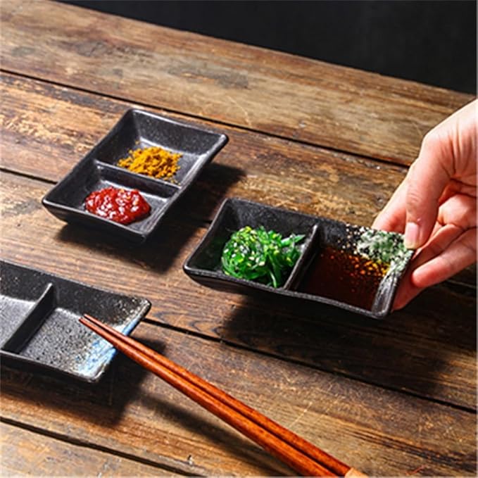 Appetizer Plates Double-grid Ceramic Soy Sauce Plate Barbecue Seasoning Dipping Dish Divide Sushi Meals Dishes for Condiment(Black)
