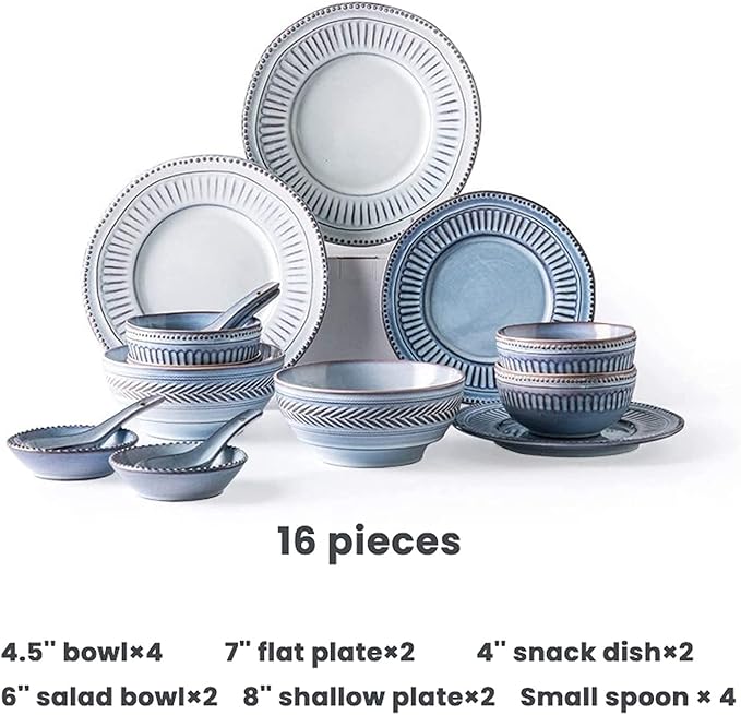 Dinnerware Set Dinner Party Tableware Service Set Ceramics Dinner Sets, 16 Pieces Relief Craft Porcelain Dinnerware Set | Retro Blue and White Cereal Bowl Steak Plate and Soup Bowl