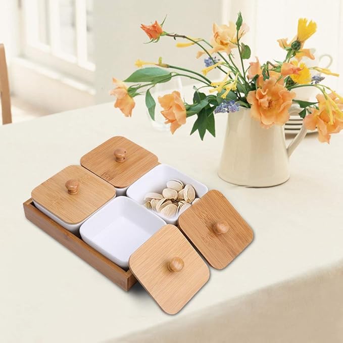 Ceramic Appetizer Serving Plate with Bamboo Tray, Ideal for Fruits, Nuts, Desserts, Modern Design(4 Compartment-9cm)