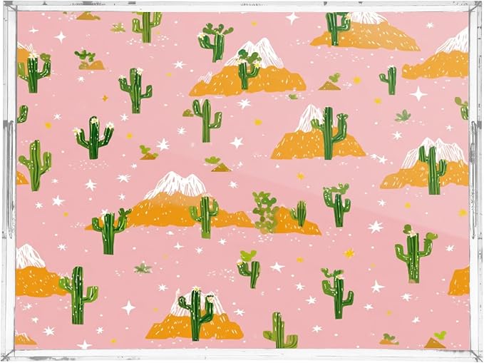 Serving Tray with Handles Clear Acrylic Tray 12x16 Inch Decorative Rectangular Tray Organizer for Ottoman Coffee Table Bathroom Pink Cacti Mountains and Stars