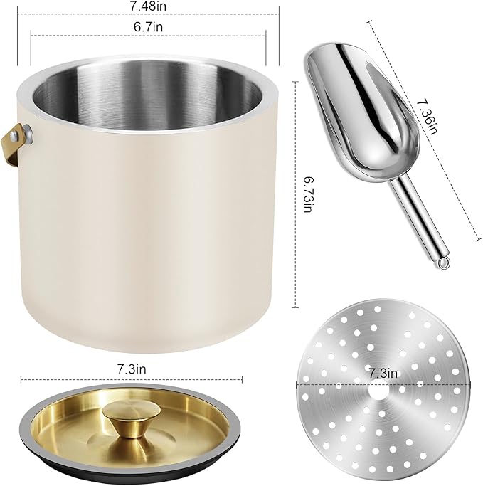 3.2L Modern Insulated Ice Bucket with Silicone Lid, Scoop, Strainer, Double Wall Stainless Steel Ice Bucket for Parties & Cocktail Bar,Ideal for Gift(Pearl White)