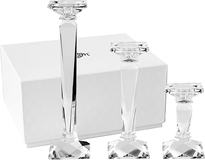 kitCom Crystal Candle Holders Set of 3, 9",10.5",11.5" Tall Crystal Candlestick Holders, Candlestick Holders Taper Candle Holders for Table Wedding Housewarming Gifts Decor