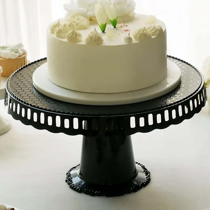 Efavormart 4 Pack | 13" Black Round Pedestal Footed Reusable Plastic Cupcake Stands with Interchangeable Ribbon Trim Edge