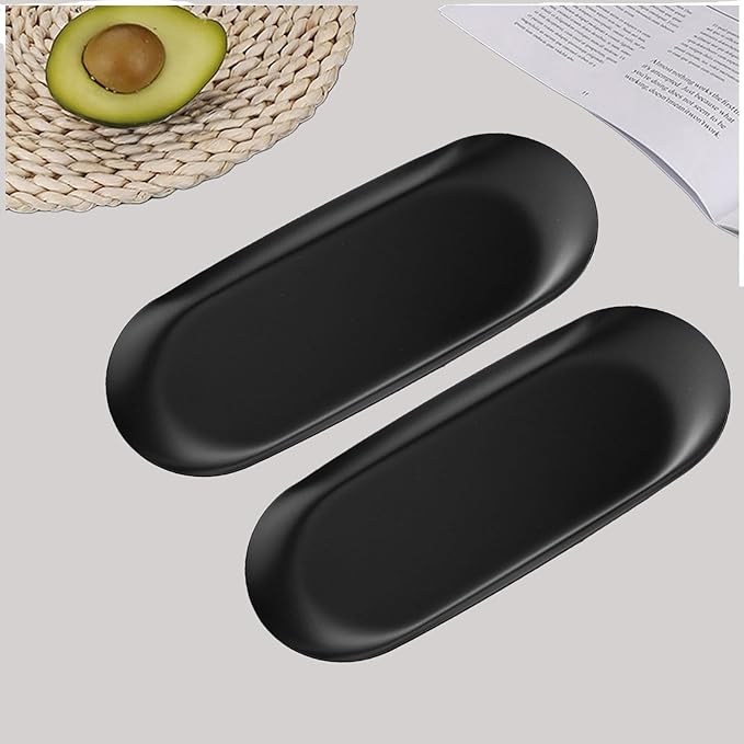 [2pk] Decorative Tray, Perfume Bathroom Jewelry Vanity Mirror Candle Trinket Towel Pallet, Small Metal Stainless Steel Tray, Oval, XL 9 x 3.7 x 0.5 in (2BLACK-Tray-XL)
