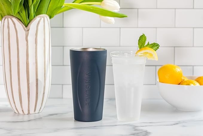 Vinglacé Stainless Steel Drink Tumbler- Insulated Hot and Cold Beverage Cup with Glass Insert and Lid, 14 oz, Navy