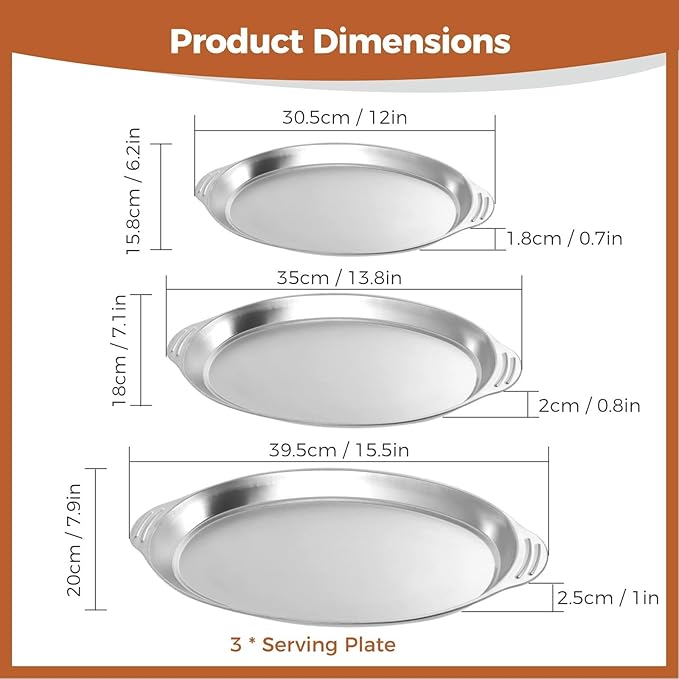 BOSREROY 3pcs Silver Platter, Oval Stainless Steel Serving Tray Silver Trays For Serving For Table Decor Food Sushi Appetizer